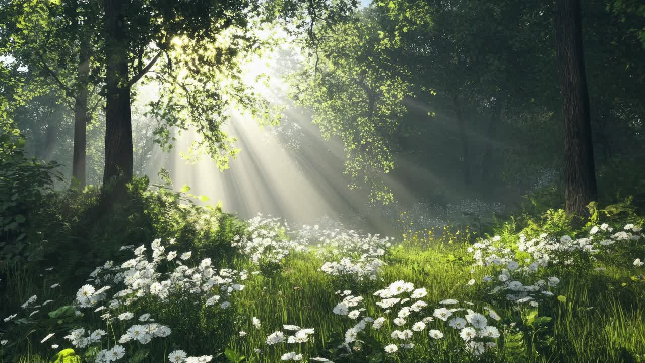 Sunlit forest scene with daisies, captured from a low angle