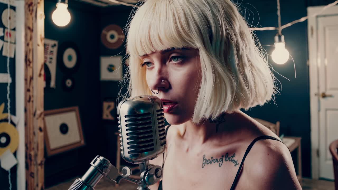 Close-up video of a woman singing into a vintage microphone in a dimly lit room, with a retro