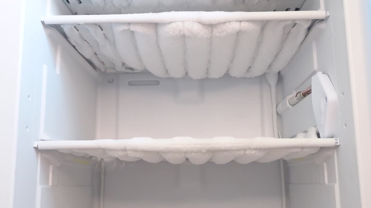 primer plano de congelador abierto con hielo y nieve. congelador antes de la descongelación. estantes vacíos de la nevera. video resolución 4k.