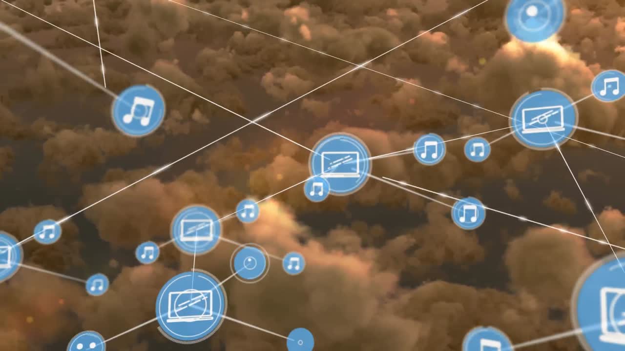 animación de la red de conexiones de iconos con computadoras portátiles y notas sobre nubes