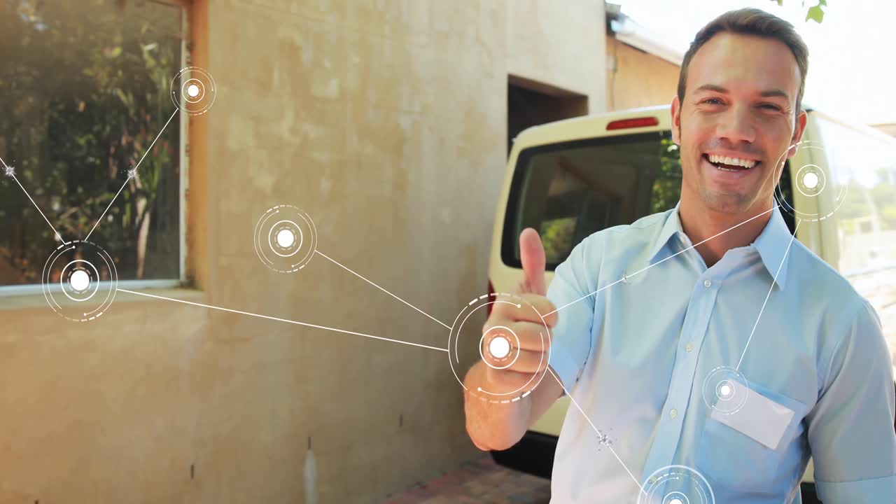 animación de la red de conexiones con iconos sobre el repartidor caucásico