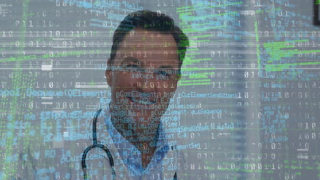 animación de procesamiento de datos de codificación binaria sobre un médico hombre sonriente