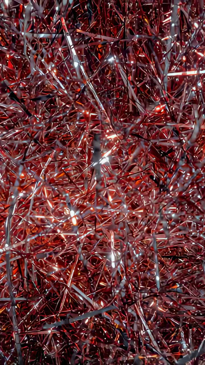 Vertical video: Moving camera revealing tangled red silver tinsel in studio, shifting tiny glints