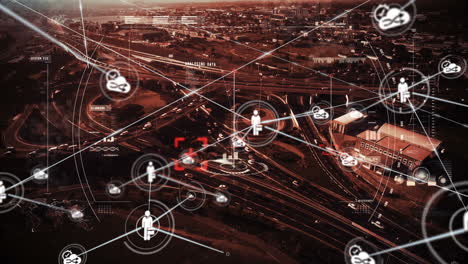 animación de la red de conexiones y escaneo de alcance sobre el paisaje urbano