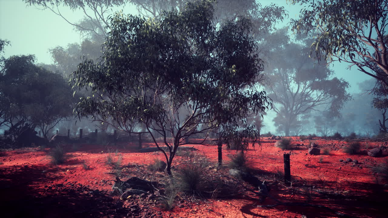 bosque de niebla con tierra roja