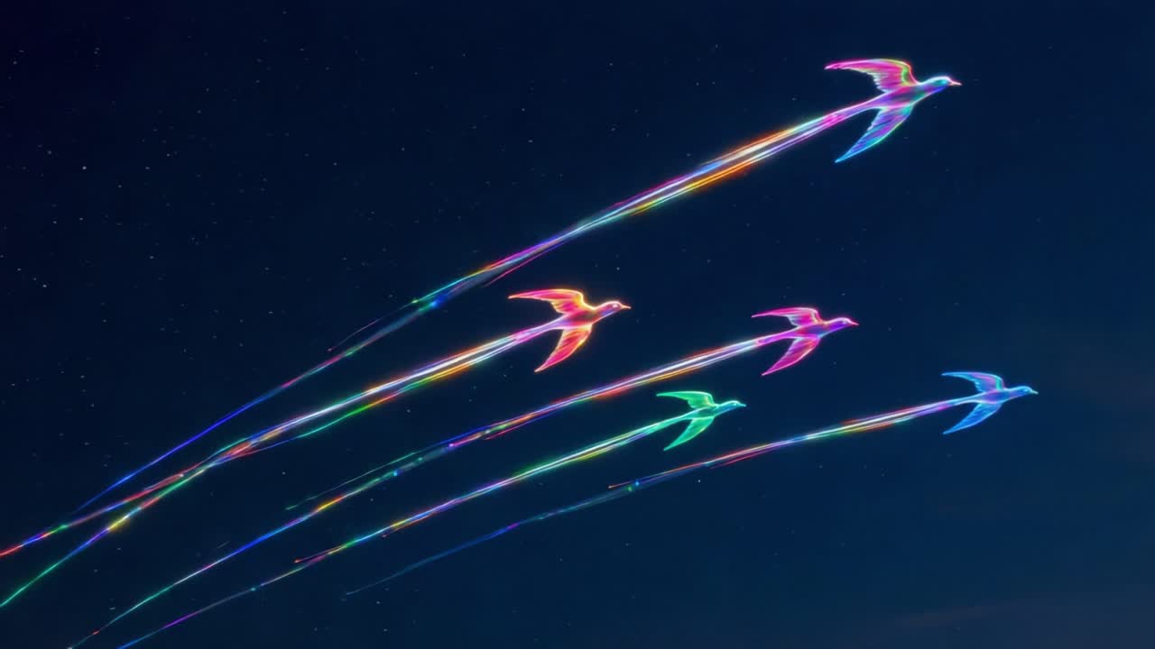 A Stunning Display of Colorful Light Trails from Flying Birds Captured Against a Night Sky, Demonstrating the Beauty of Art and Nature's Fusion in Motion