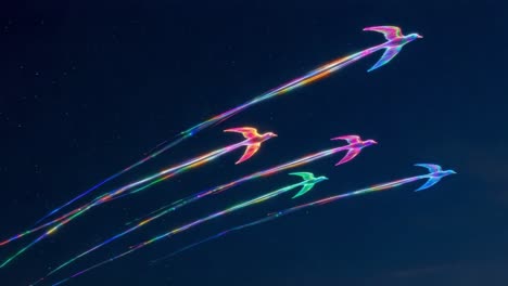 A Stunning Display of Colorful Light Trails from Flying Birds Captured Against a Night Sky, Demonstrating the Beauty of Art and Nature&#039;s Fusion in Motion