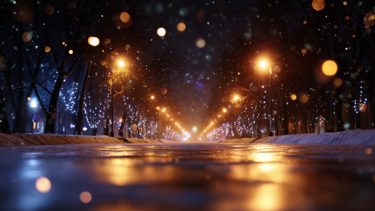 Una serena sera d'inverno: una strada innevata illuminata da lampioni luminosi e decorazioni festive sotto uno strato scintillante di neve e fiocchi di neve che cadono delicatamente
