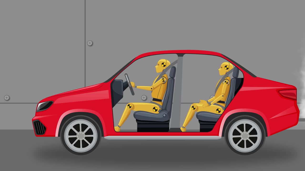 인형과 충돌을 가진 애니메이션 자동차 충돌 테스트.