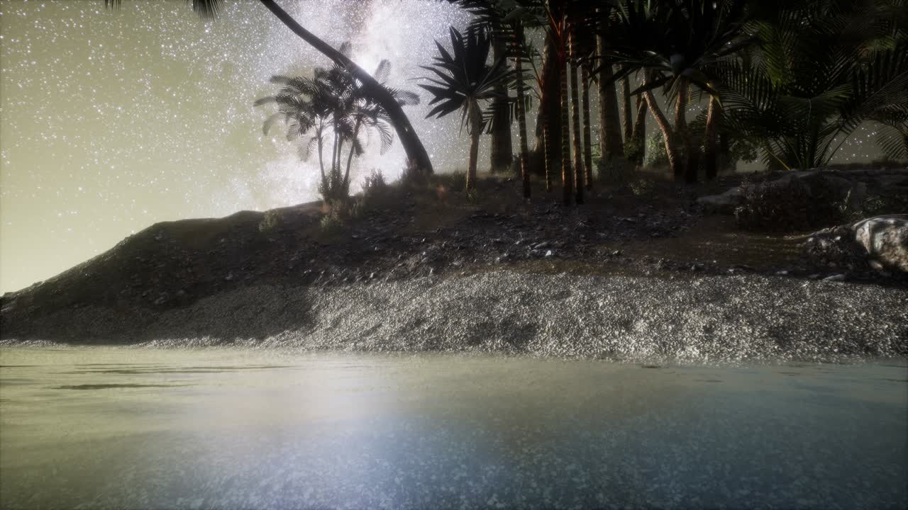 밤하늘에 은하계 별이 있는 아름다운 환상적인 열대 해변