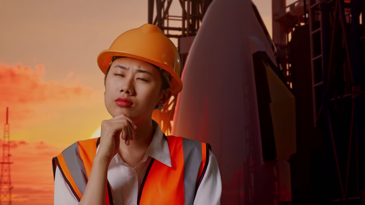 안전 헬을 입은 아시아 여성 엔지니어가 무언가에 대해 생각하고 우주왕복선과 함께 서 있는 동안 주위를 둘러보고 있습니다.