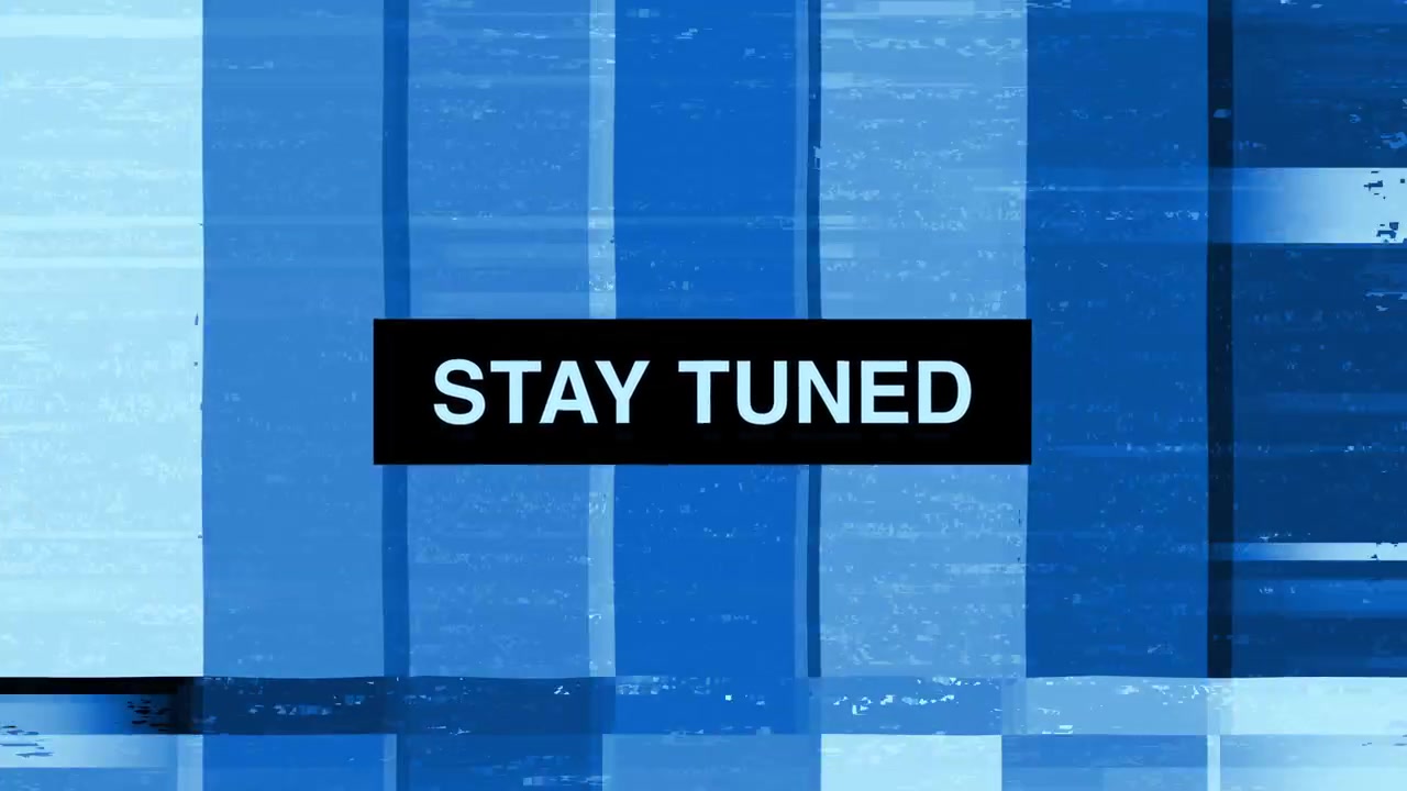 Animated Stay Tuned Message with Glitch Effect on Blue Background
