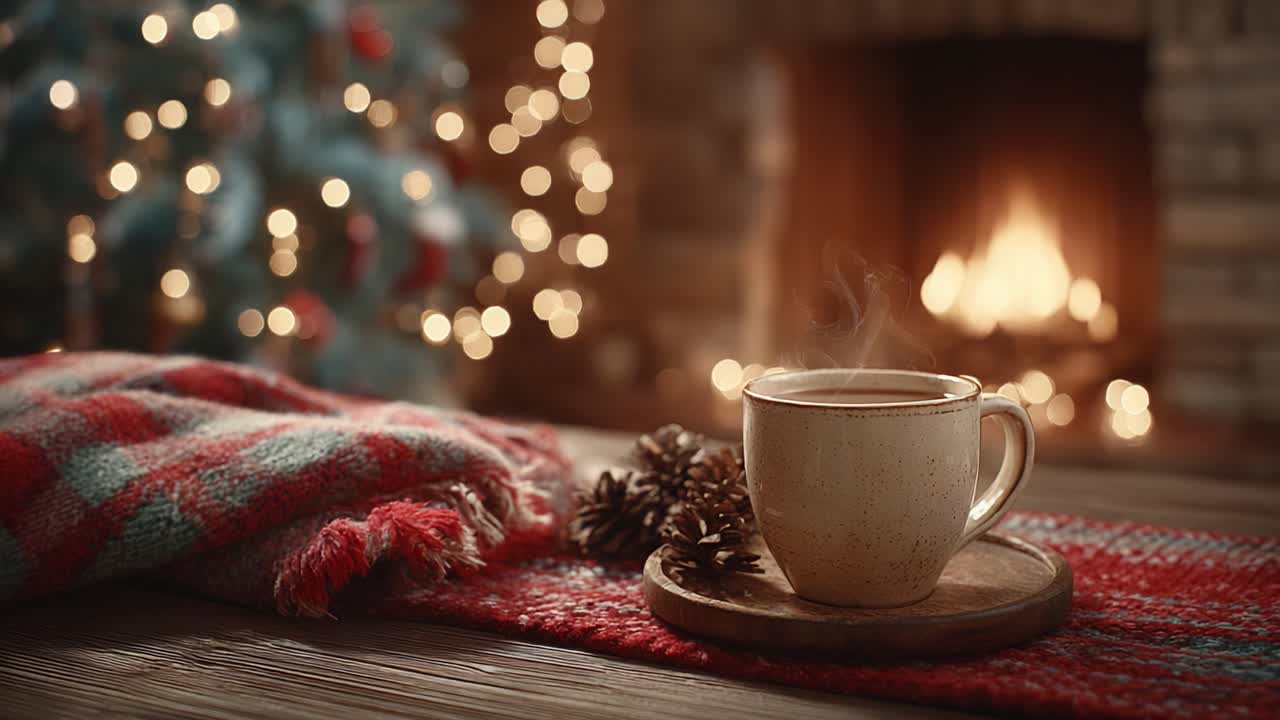 Cozy Winter Scene Featuring a Steaming Cup of Coffee Alongside a Warm Blanket, Pinecones, and a Beautifully Decorated Christmas Tree in the Background