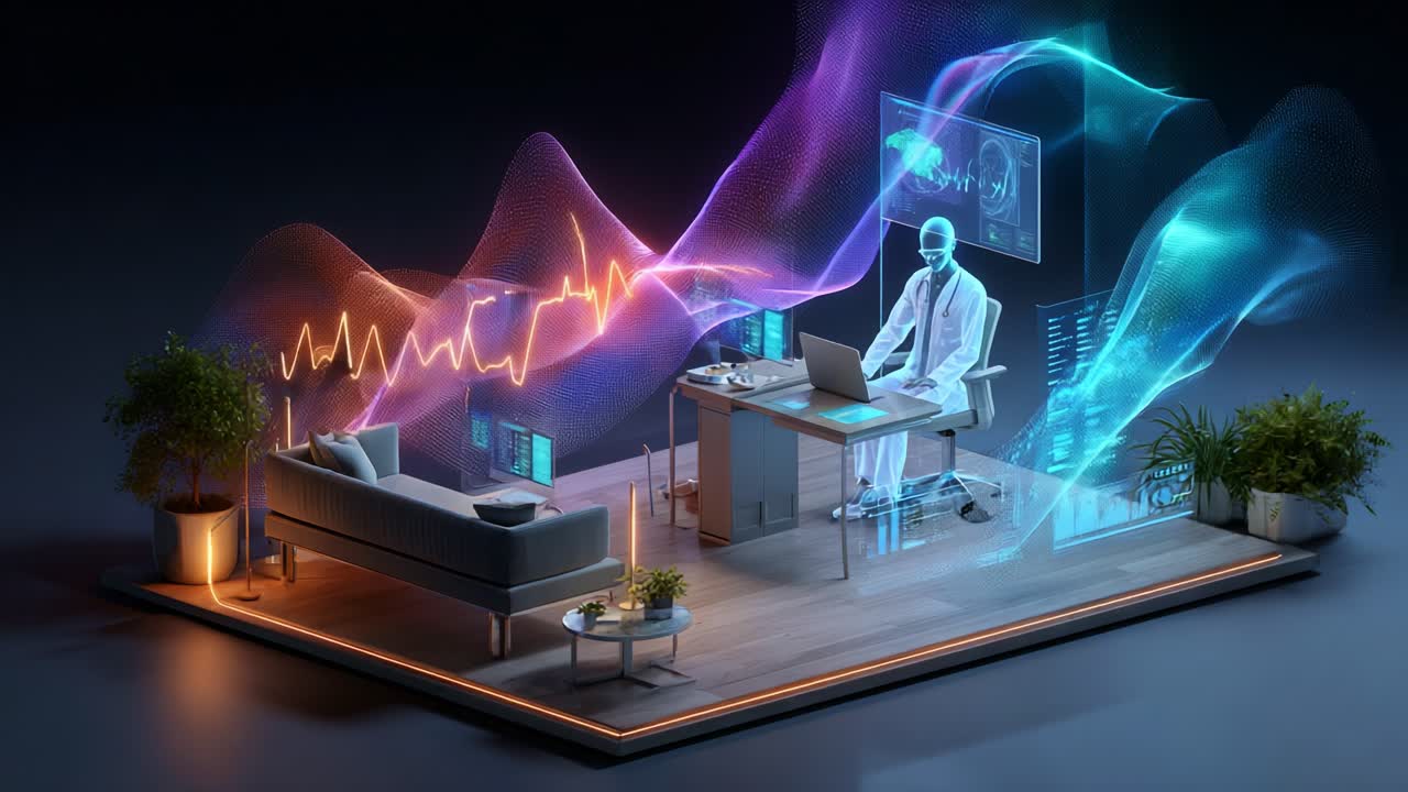 An Innovative Digital Workspace Featuring a Futuristic Scientist Analyzing Data with Advanced Visualization Tools in a High-Tech Environment of Waves and Graphs