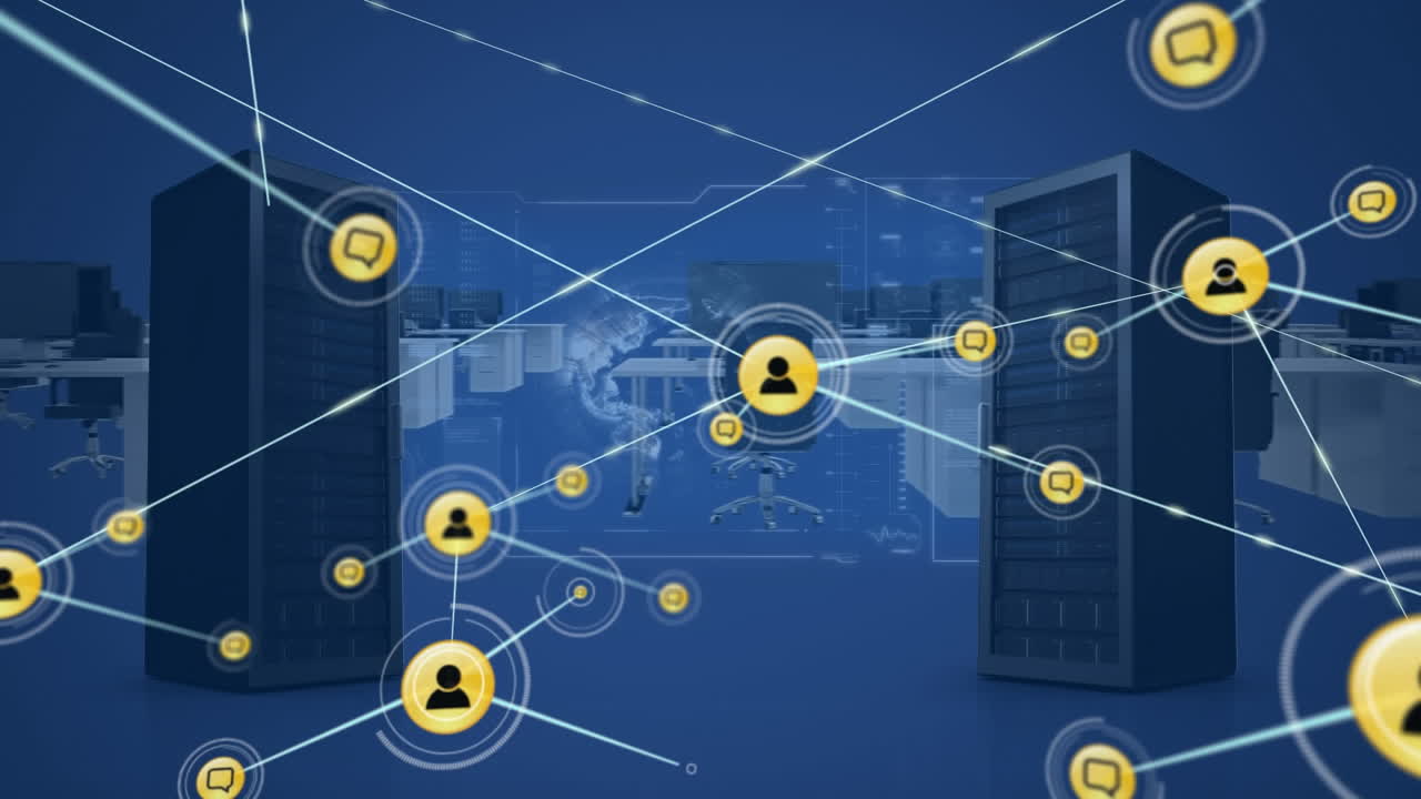 Animation of network of digital icons and data processing over computer servers and 3d office model
