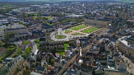 caen town hall, historic eglise saint-étienne-le-vieux church ruins, abbaye aux hommes or abbey men, cityscape, france. aerial drone forward and cityscape