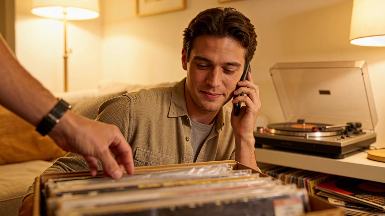 Uomo in camicia chiara tiene uno smartphone, mentre un ospite sfoglia una cassa di vinili a casa, scegliendo musica.