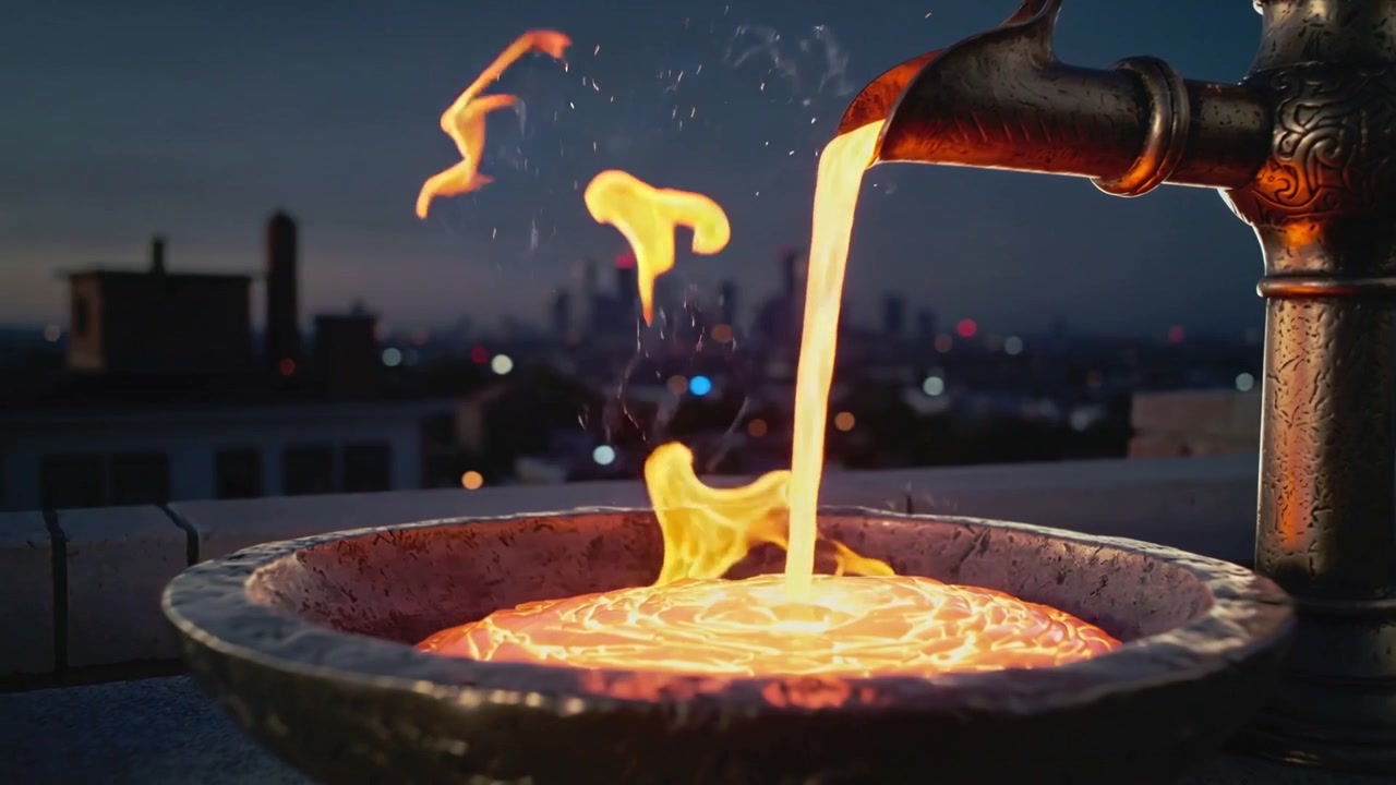 Torneira de metal derramando um fluxo derretido em uma tigela no telhado, formando uma poça brilhante, faíscas flamejantes.