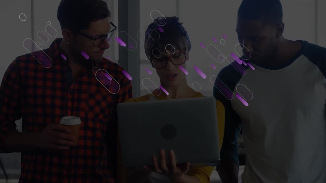Animation of purple lights trails over business people in office