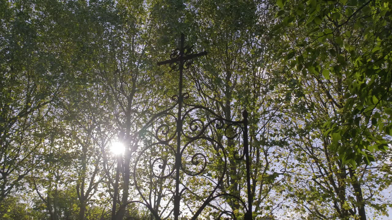 сверкающее солнце за металлическим крестом на лесистом кладбище