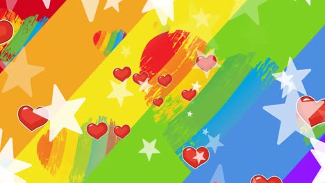 Animation-Von-Sternen-Und-Herzformen-über-Mehrfarbigen-Herzen-Vor-Abstraktem-Hintergrund