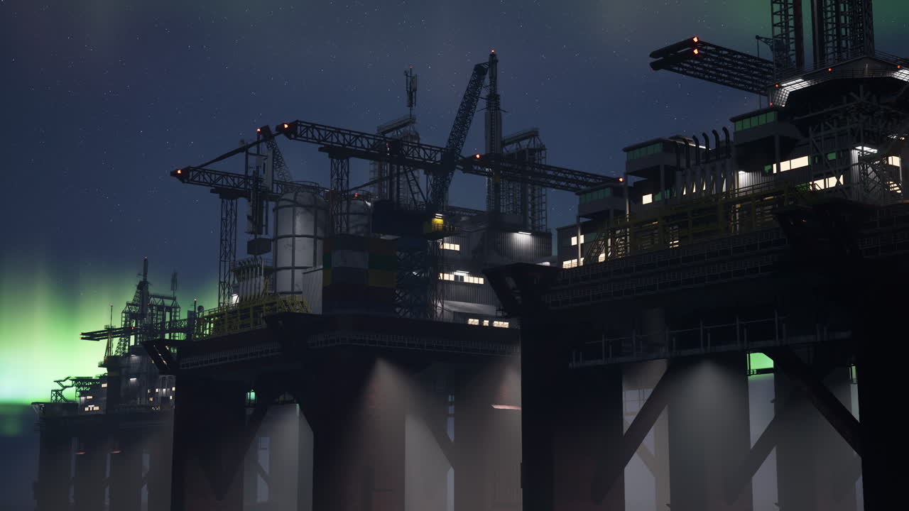 En enorm boreplatform udvinder benzin fra havreserver under en himmel med nordlys
