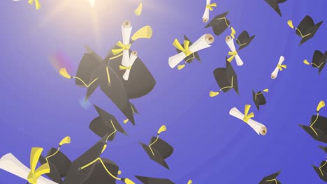 Multiple-graduation-hat-and-diploma-icons-falling-against-blue-background