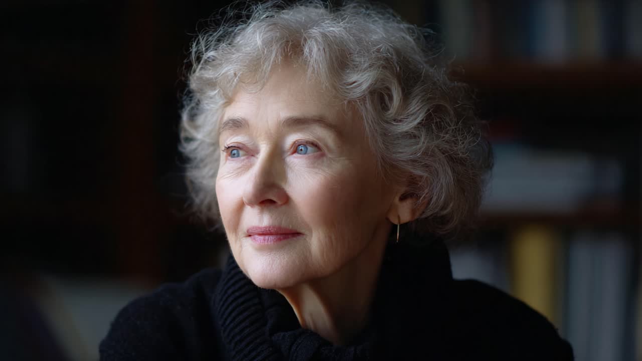 A Reflective Moment: A Thoughtful Elderly Woman with Curly Hair Lost in Contemplation, Captured in Soft Lighting Enhancing Her Graceful Presence