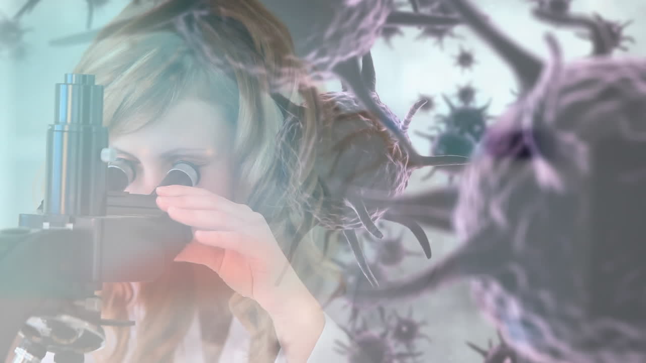 백그라운드에 과학자와 함께 코로나 바이러스의 애니메이션