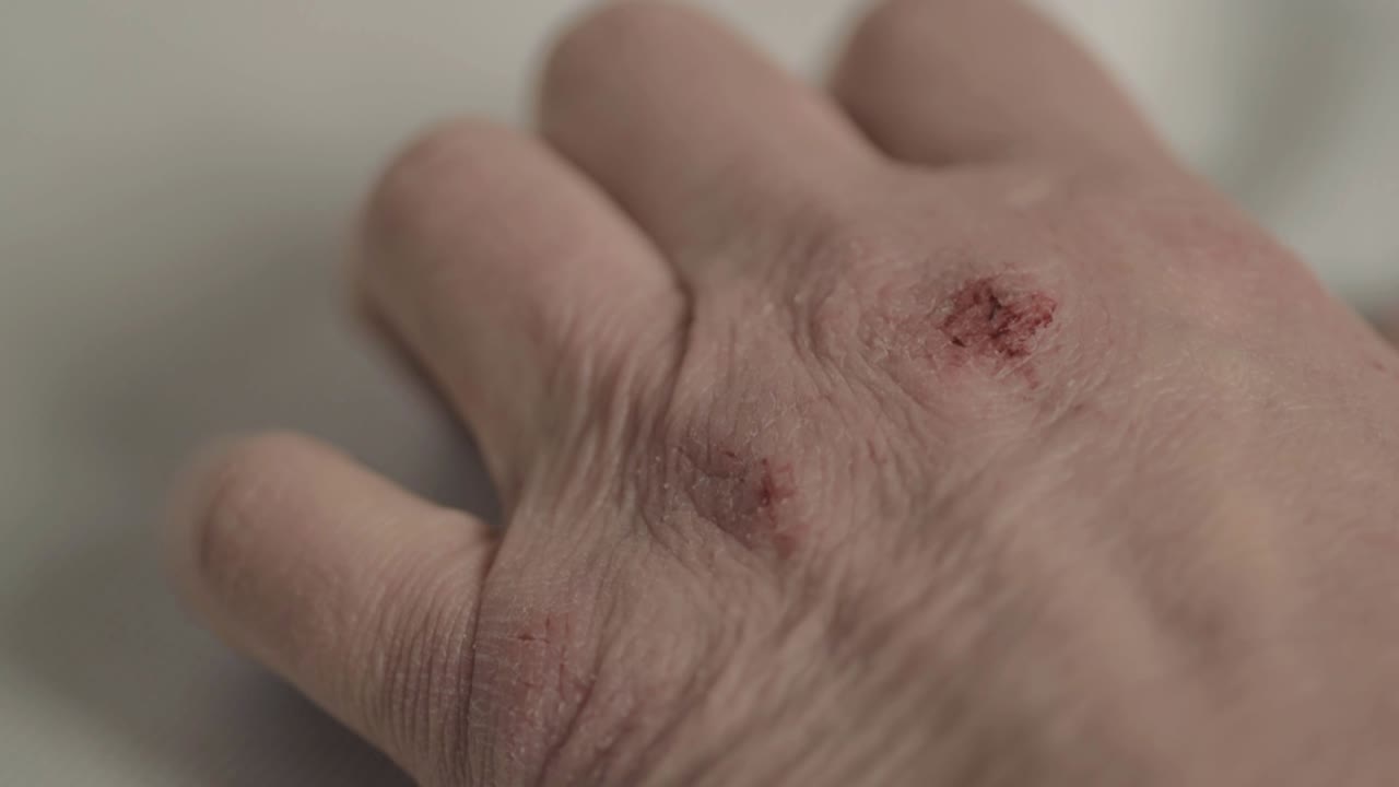 Sore painful dry hands and skin close up isolated shot