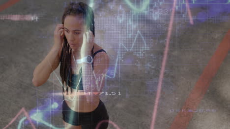 datos de fitness y animación de la frecuencia cardíaca sobre la mujer ajustando los auriculares durante el entrenamiento