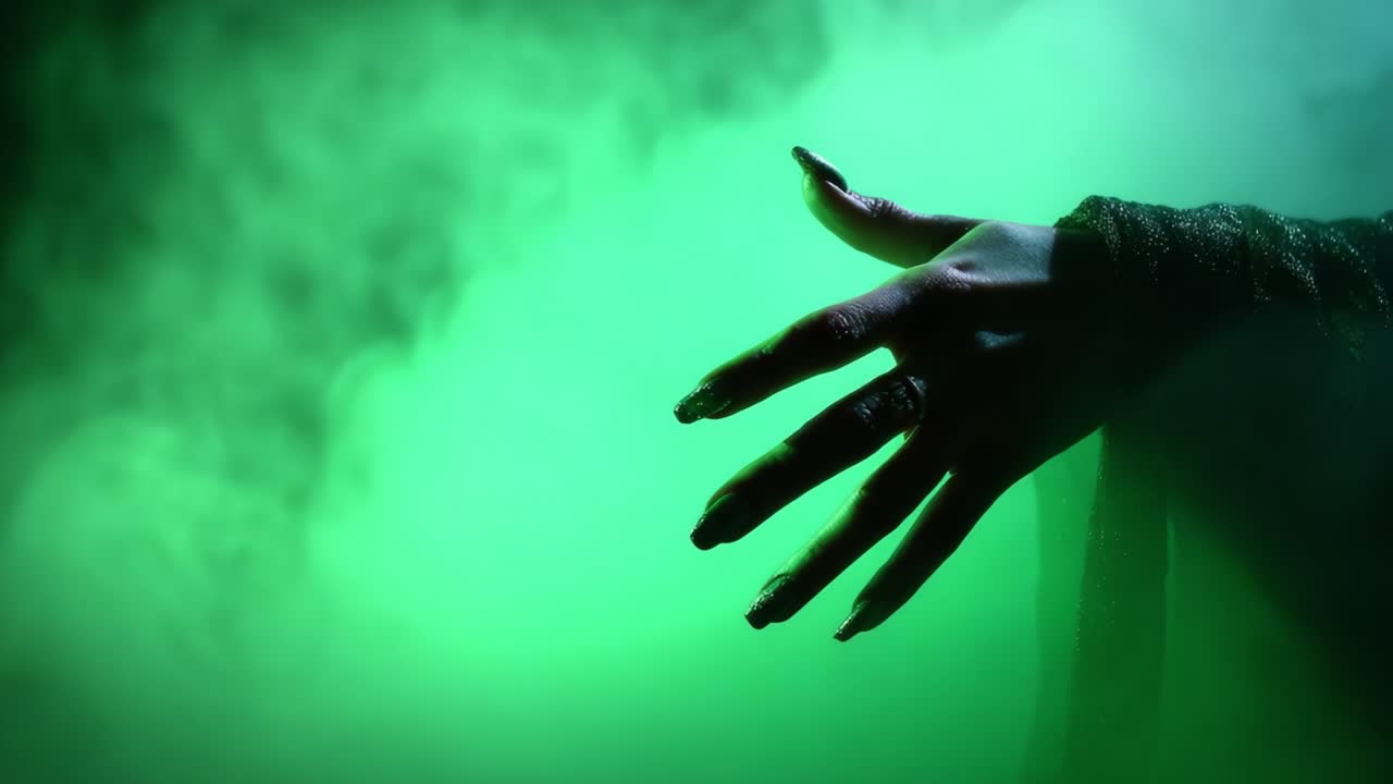 Mystical Green Smoke Envelops an Enigmatic Hand in a Sinister Atmosphere, Capturing an Elusive and Magical Moment Filled with Intrigue and Mystery