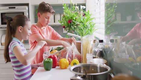 hermanos caucásicos felices desempaquetando bolsas con verduras