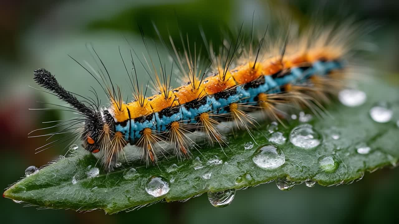 Macro View of Colorful Caterpillar on Leaf with Water Droplets Capturing Vibrant Details of Nature's Insects and Their Environment