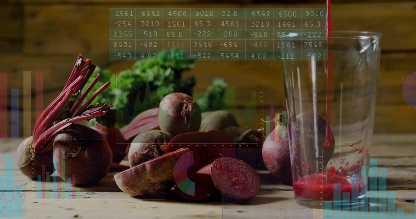 Beetroot Juice Pouring into Glass with Financial Data Overlay