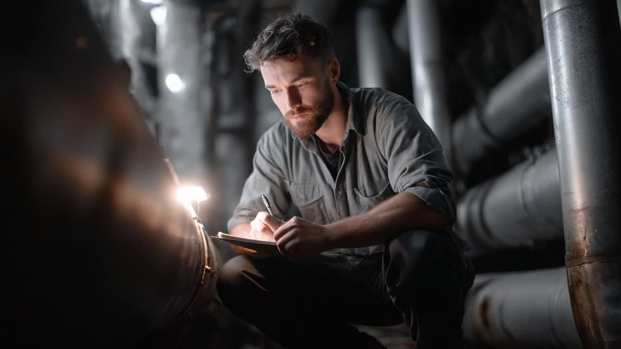 Un tecnico meticoloso ispeziona e documenta i dettagli in un ambiente industriale scarsamente illuminato, sottolineando l'importanza della sicurezza e della precisione nel suo lavoro.