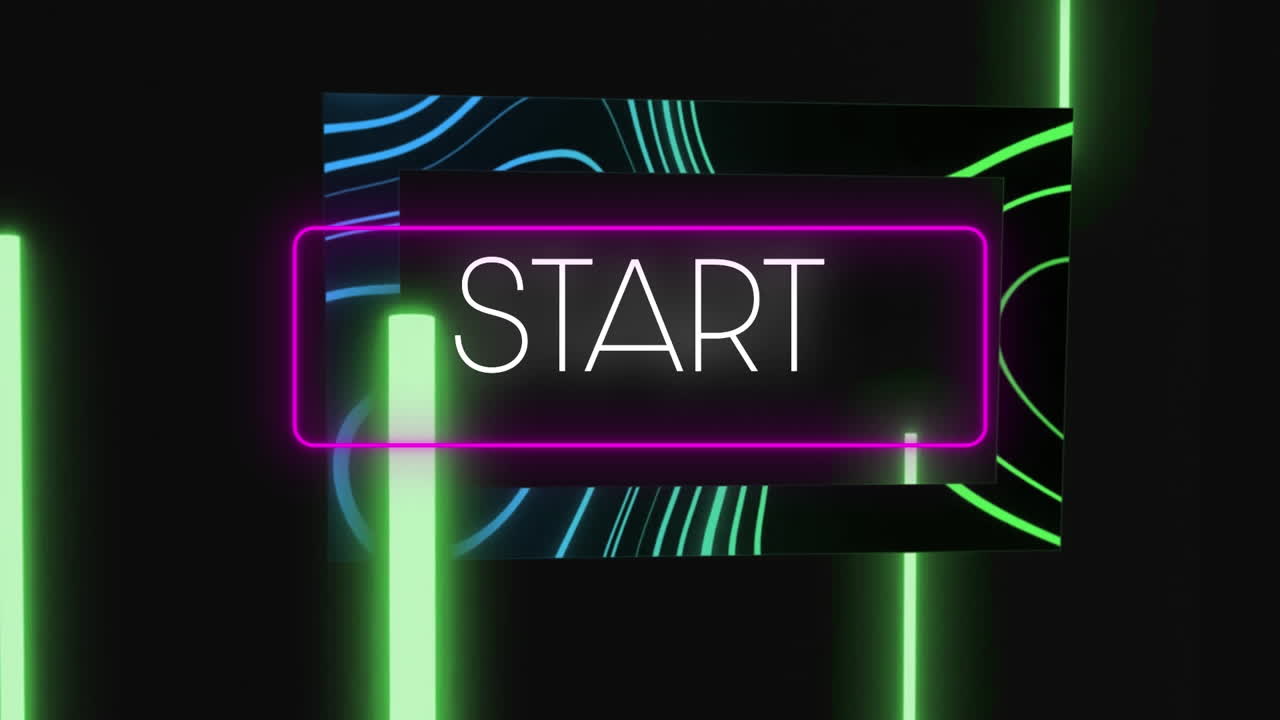 Animation of start text in rectangle with abstract pattern and glowing bars against black background