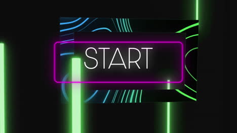 animation of start text in rectangle with abstract pattern and glowing bars against black background