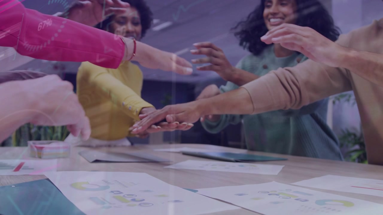 Two women starting meeting, gesturing, team reaching and stacking hands, data charts guiding tech