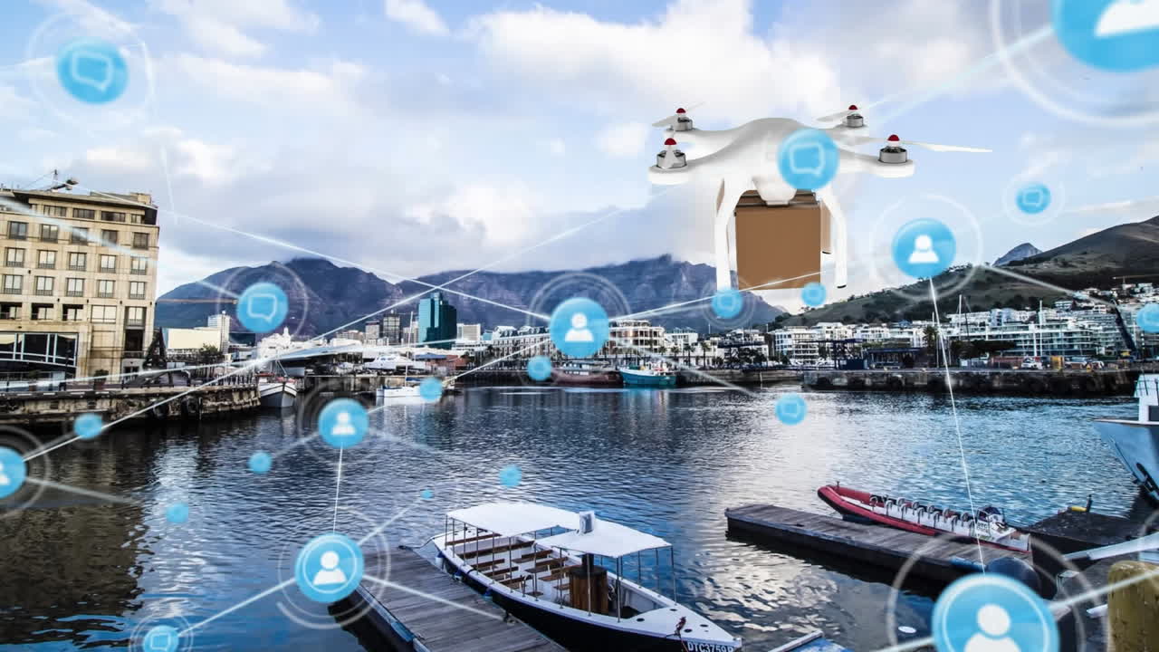 배경 에 있는 항구 에 대해 배달 상자 를 운반 하는 드론 위 에 있는 프로필 아이콘 의 네트워크