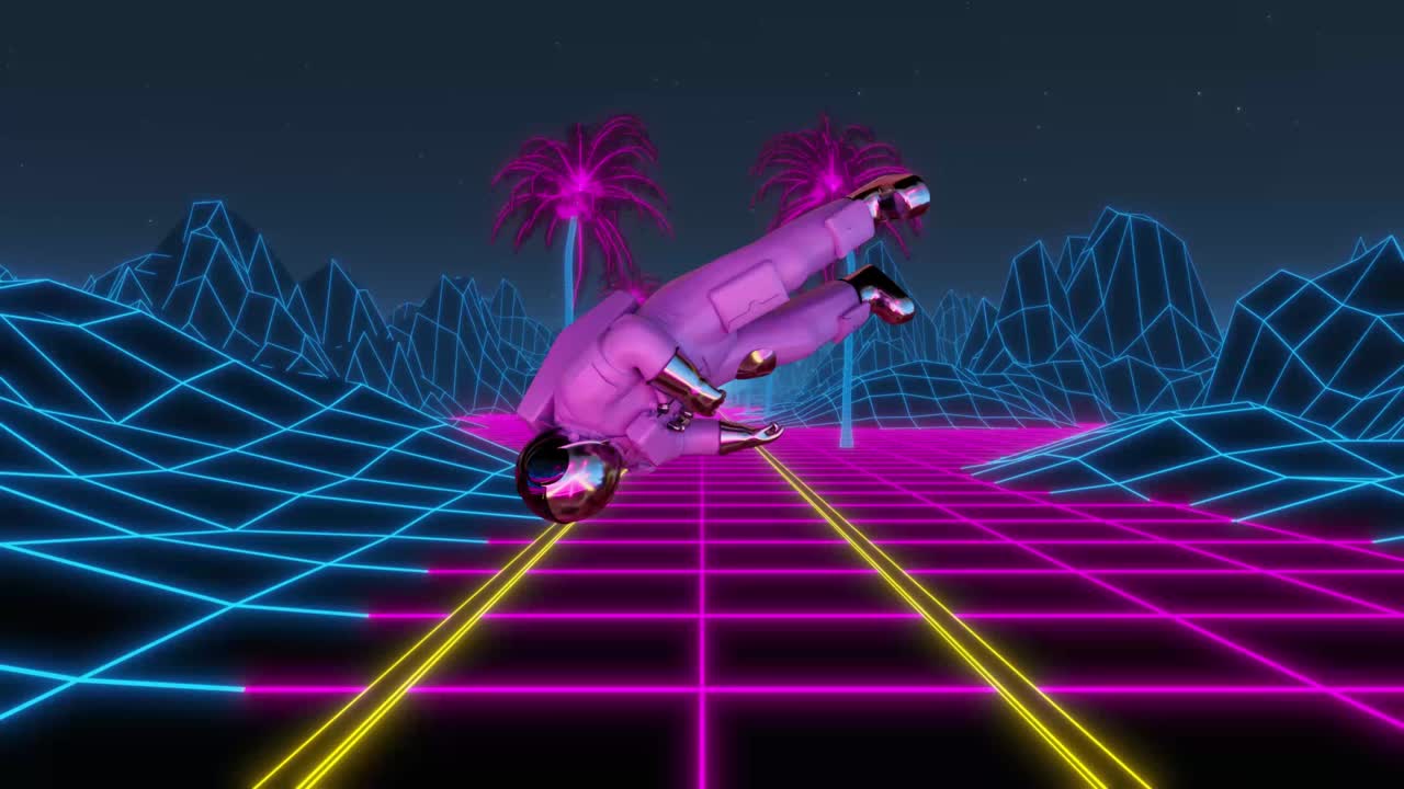Astronaut Flying and Spinning Through Grid Landscape With Palms Trees and Mountains. 80s Style Sci-Fi Background. Video Game Concept. Virtual Reality. 4K