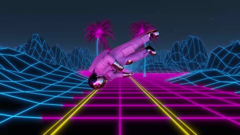 astronauta volando y girando a través de un paisaje de cuadrícula con palmeras, árboles y montañas. fondo de ciencia ficción de estilo de los años 80. concepto de videojuego. realidad virtual. 4k