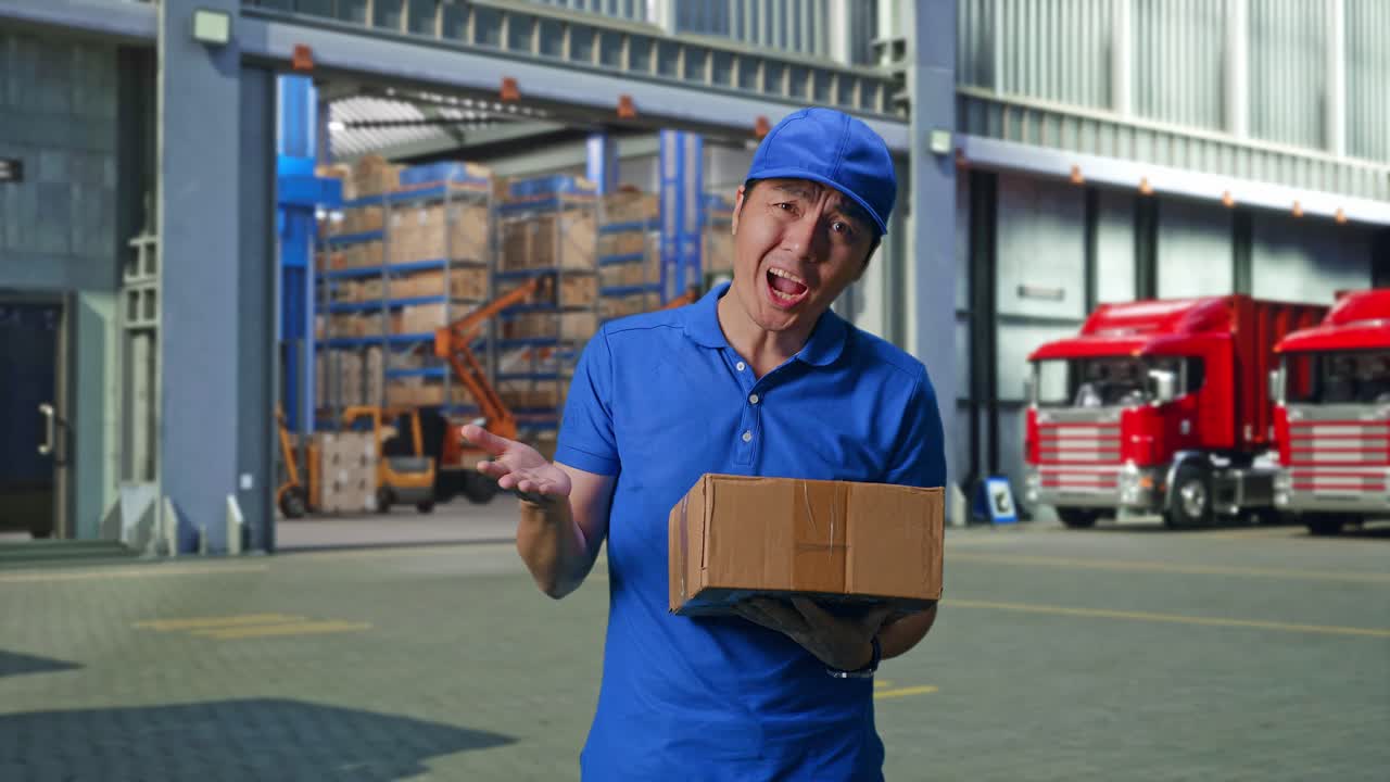 Asian male Courier In Blue Uniform Showing Puzzled Gesture And Saying What While Delivering A Carton, Outside of Logistics Distributions Warehouse