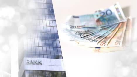 animation of euro banknotes falling over modern bank building