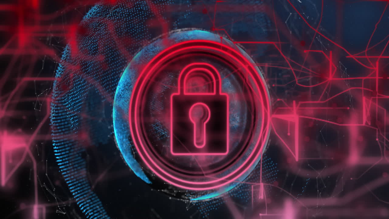 animación de un candado en círculo con líneas conectadas sobre globos