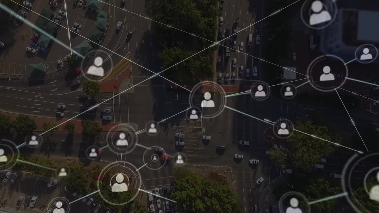 animación de la red de conexiones con iconos sobre el paisaje urbano