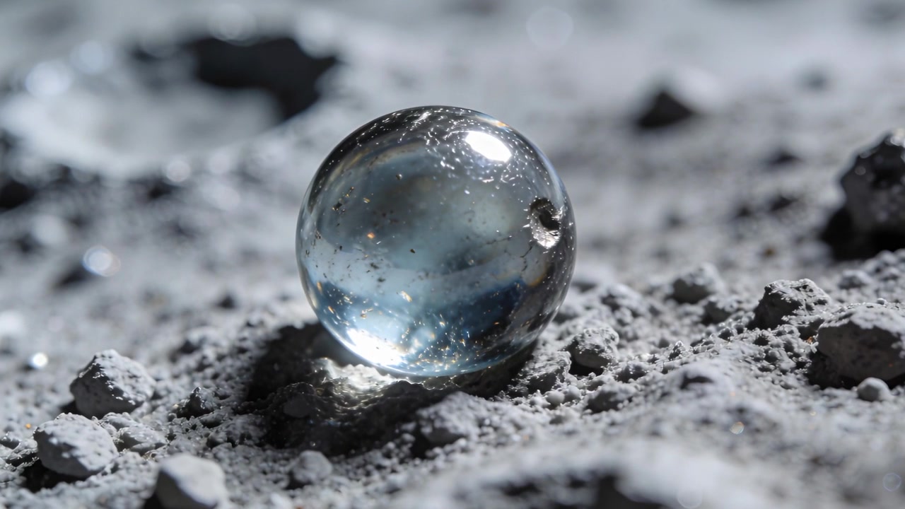 Telecamera in avvicinamento che mostra una biglia di vetro blu che ruota a destra, depositandosi in polvere grigia e rivelando un chip.