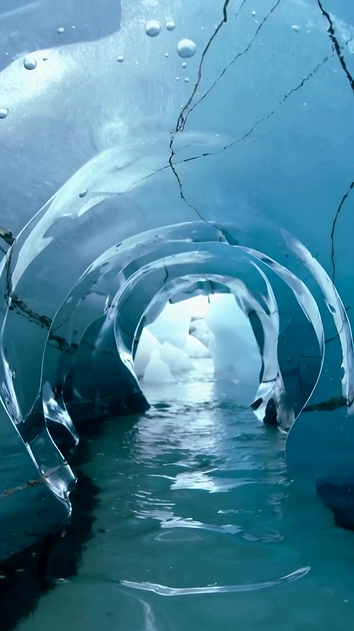 Vertical video: Moving camera sliding ahead through arched ice, revealing bubbles and bright exit
