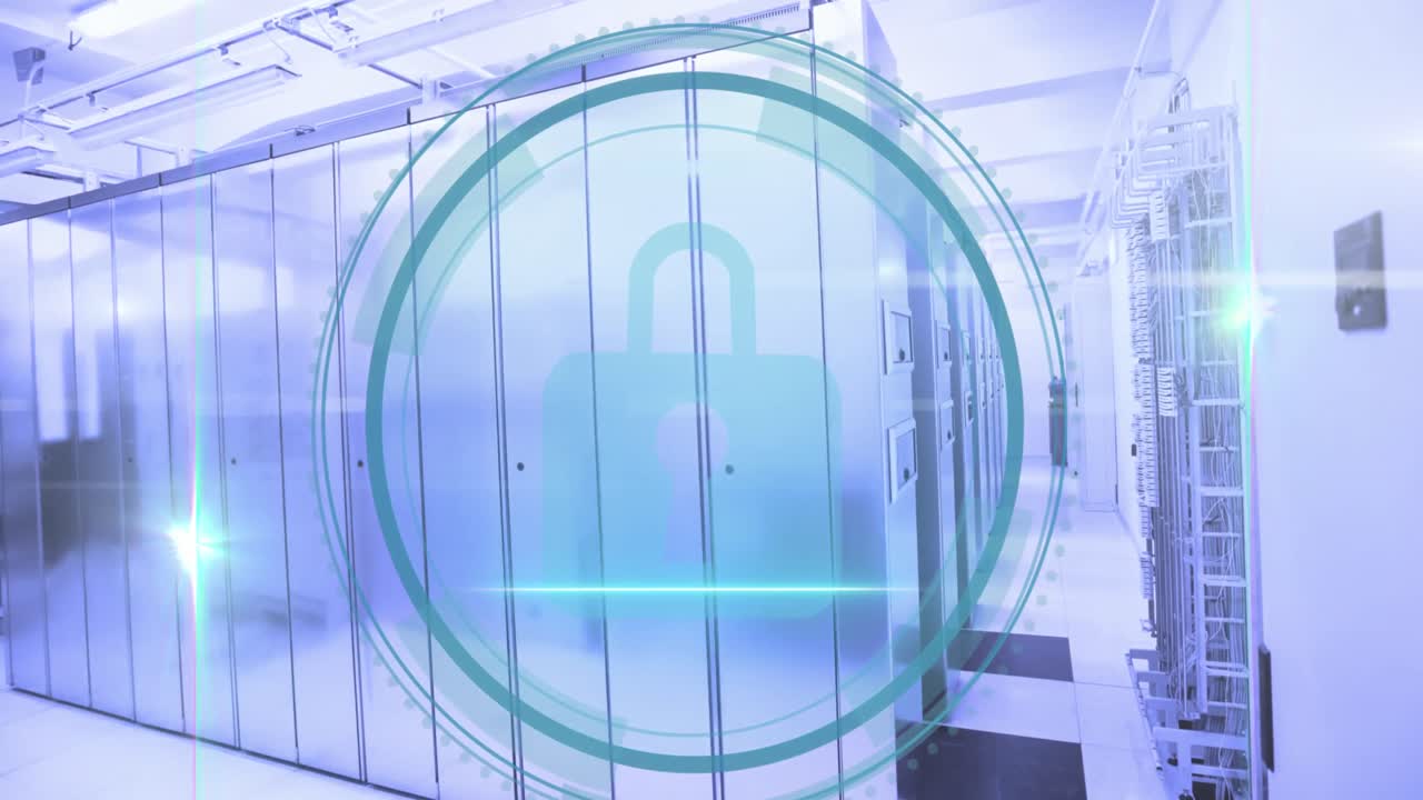 Animation of cyber security text, security padlock icon and mosaic squares against server room