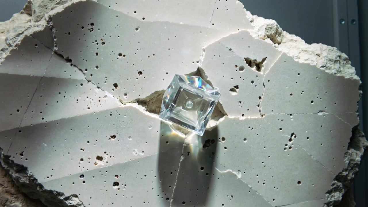 Camera pulling back revealing crystal cube refracting light on pale slab in gallery, showing outlet